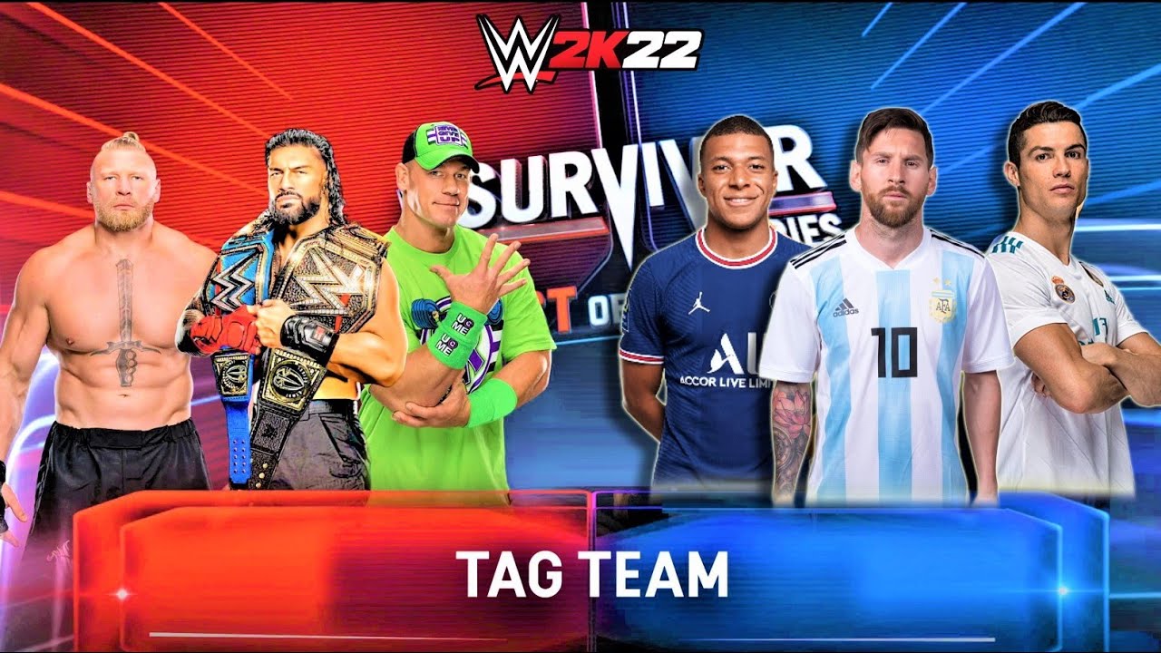 Lionel Messi + Cristiano Ronaldo + Kylian Mbappé Vs John Cena + Roman Reigns + Brock Lesnar WWE 2K22