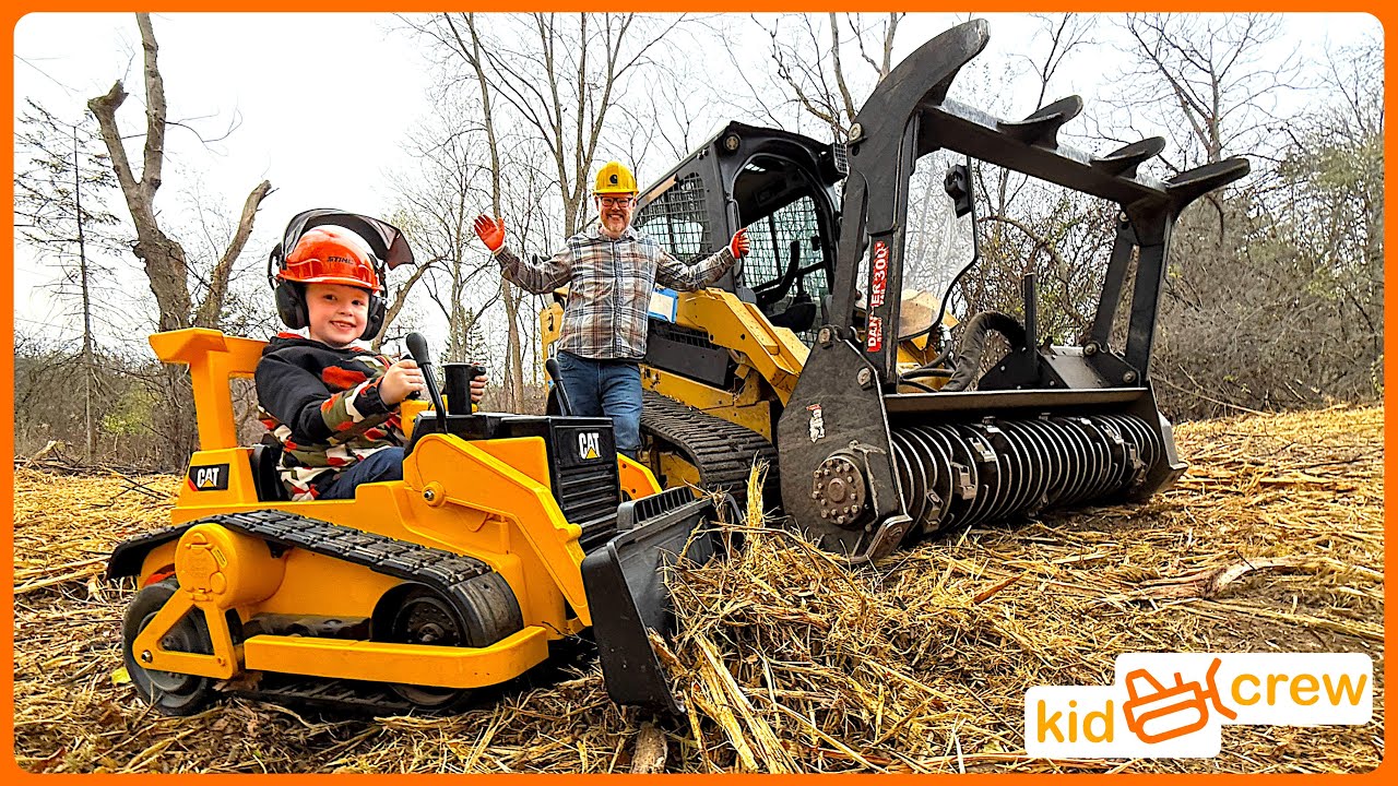 Clearing Rotten Trees With Kids Ride On Bulldozer And Forestry Skid Steer. Educational | Kid Crew