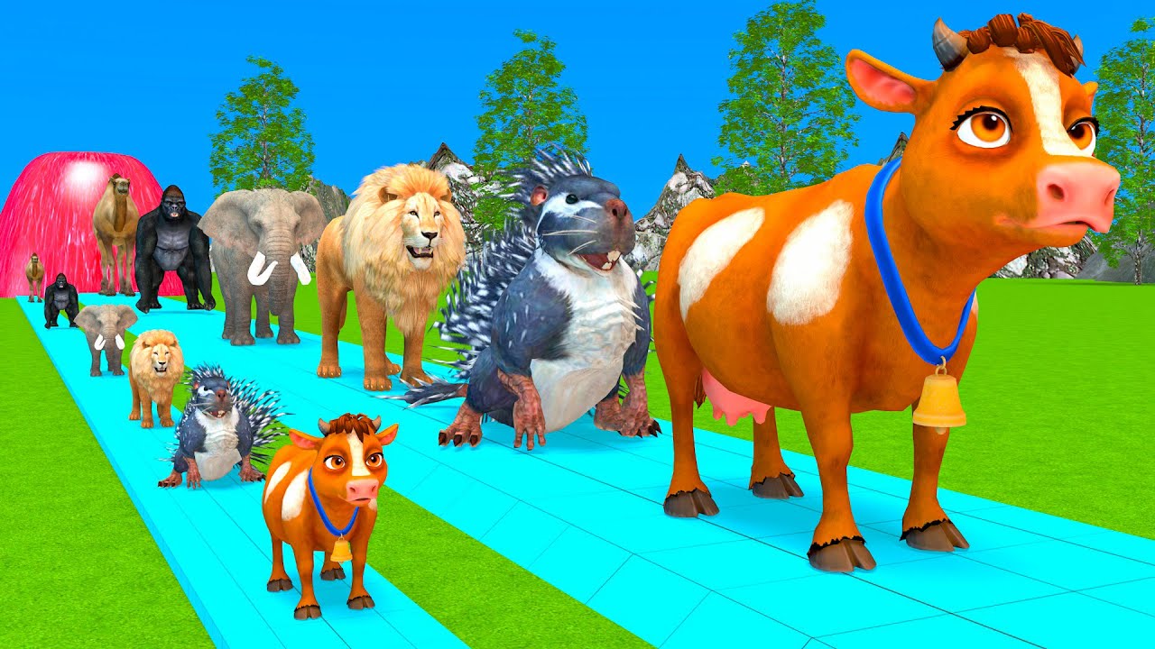 Paint u0026 Animals Cow,Gorrila,Elephant,Sheep,Deer,Tiger, Fountain Crossing Transformation Cartoon