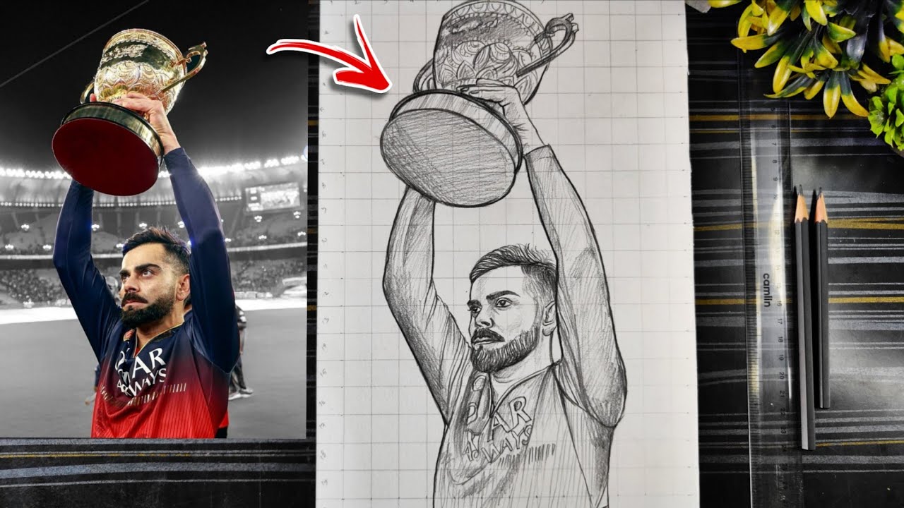 RCB Virat Kohli Drawing With IPL Champion Trophy🏆, How To Draw Virat Kohli, विराट कोहली को चित्र